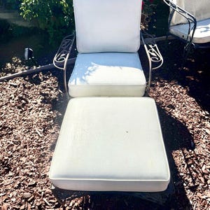 Vintage Russell Woodard deep seating armchair and ottoman with leather cushions, made of Wrought Iron, Circa 1960’s, made in USA