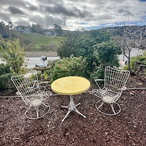 2 Vintage Homecrest patio chairs plus adjustable height 30” table, a pair of swivel and rocking chairs,MCM, made of wrought iron, circa 1960
