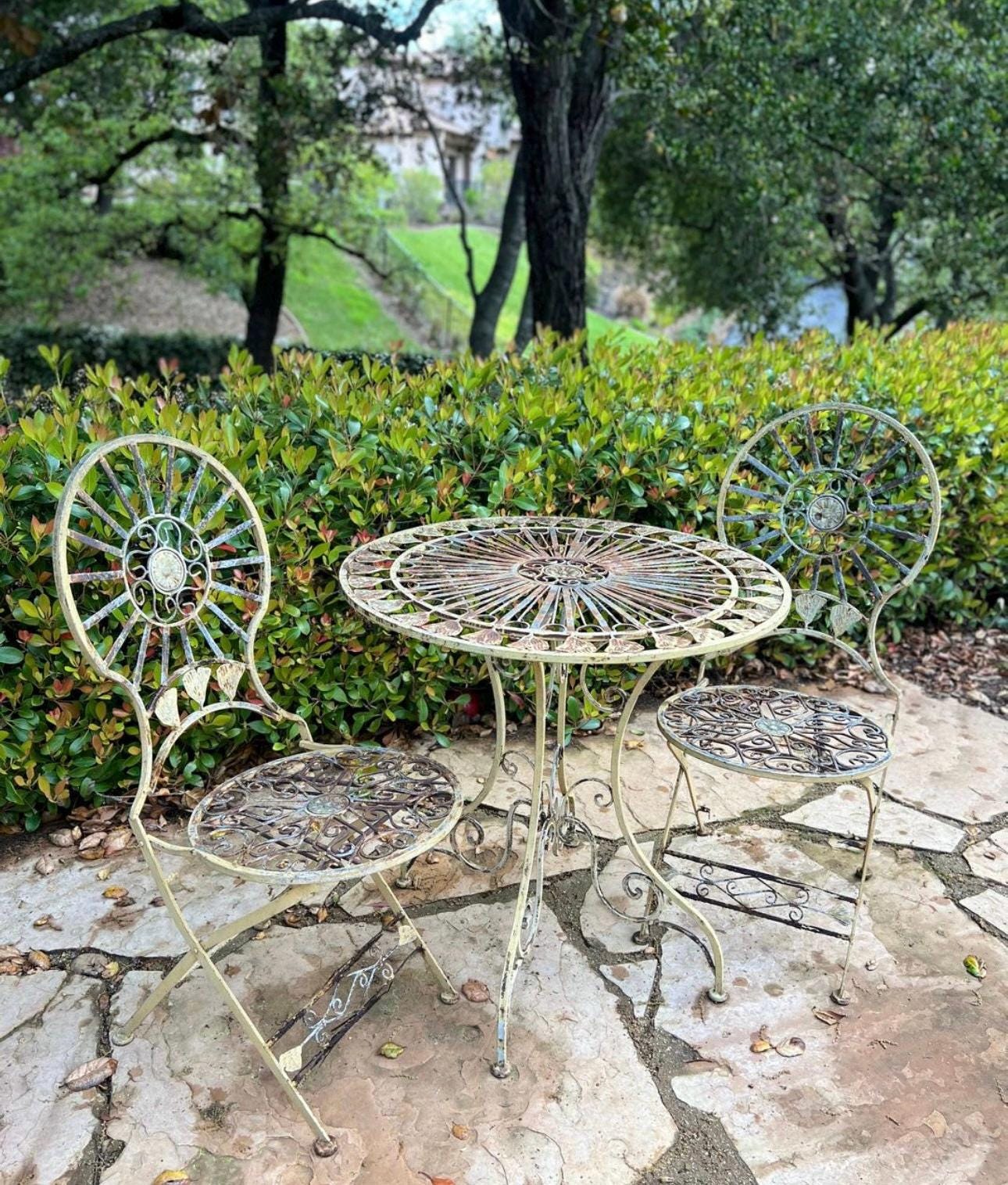 Antique Wrought Iron Bistro Set Patio Tables and Chairs - Etsy Antique Wrought Iron Bistro Set Patio Tables and Chairs - Etsy