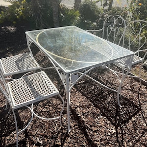 Vintage patio set circa 1950's, Russell Woodard, Salterini collection, glass top table love seat and 2 chairs, leaf pattern, heavy chairs