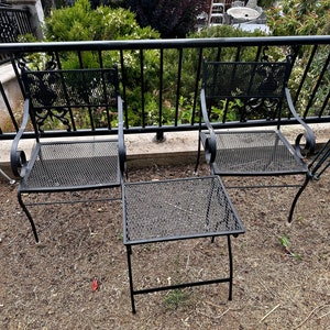 Woodard Vintage Bistro Set, 3 piece set, Mesh armchairs with no pattern, Wrought Iron, Circa 1960’s, Made in USA, MCM, Spray Painted Black