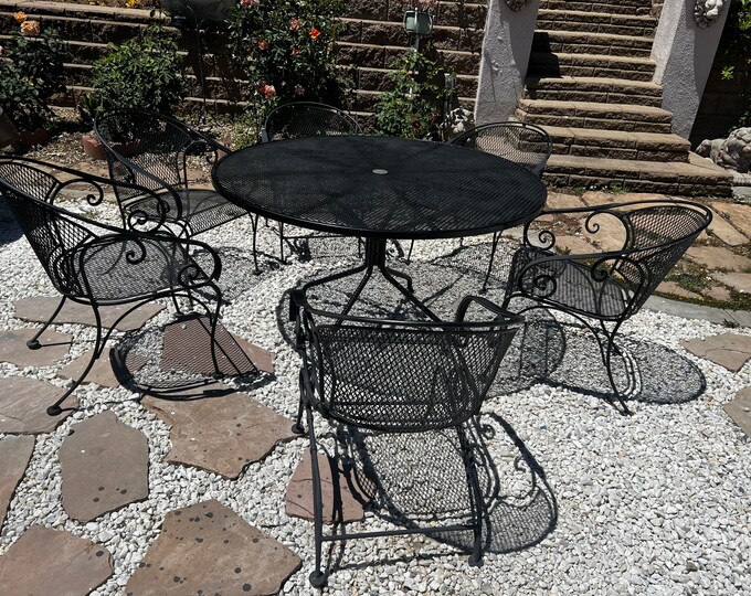 O. W. Lee Patio Set, 54 Diameter Round Table and 6 Artisan Barrel Back