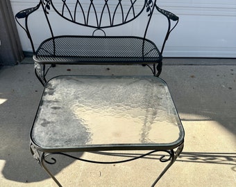 Vintage Mid Century Modern Patio Set by Woodard, Love Seat + matching  glass top coffee table, Wrought Iron, Settee, Made in USA,