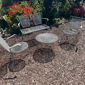 Vintage Patio Set By Woodard, Wrought iron, conversation set, love seat, 2 armchairs and coffee table, Made in USA,circa1950’s, MCM