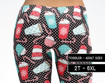 Christmas Leggings | Coffees Candy Cane Capris Yoga Pants Shorts Kids Adult Plus Size Mommy and Me Matching Dance Pants Cosplay Costume 5100