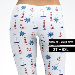 Nautical Sailor Leggings Cruise Sailing Capris Yoga Pants Shorts Kids Adult Plus Size Mommy and Me Matching Dance Pants Cosplay Costume 5066