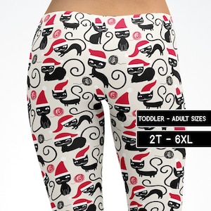 Christmas Cat Leggings Santa Kitty Capris Yoga Pants Shorts, Kids Adult Plus Size Mommy and Me Matching Dance Pants Cosplay Costume 5085