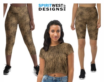 Disfraz con estampado de piel marrón Oso Gorila Perro Mono Halloween Cosplay Danza Correr Camisa corta Leggings de talla grande Capris de cintura alta Pantalones cortos largos