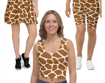 Giraffe Costume | Animal Print Safari Halloween Cosplay Costume | Dance Running Plus Size Costume | Leggings Capris Shorts Crop Tank Bra