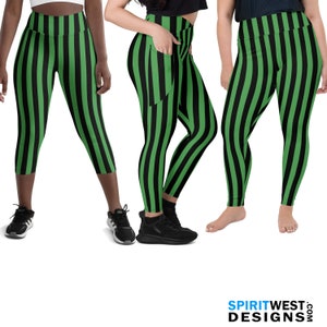 Green and Black Striped Leggings Goth Witch Pirate Cosplay Running Halloween Dance Costume Plus Size Bike Shorts Yoga Capris Kids Toddler
