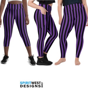 Violet and Black Striped Leggings Goth Witch Pirate Cosplay Running Dance Costume Plus Size High Waist Bike Shorts Yoga Capris Kids Toddler