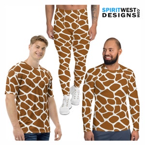 May include: Three different styles of clothing featuring a brown and white giraffe print. A long-sleeved shirt, a short-sleeved shirt, and a pair of leggings.