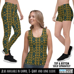 May include: A green and gold tank top with a geometric pattern. The top is available in other styles, including leggings, capris, a t-shirt, and a long sleeve shirt. "Top & Bottom Sold Separately" and "Spiritwest Designs" are written on the image.