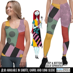 May include: A sleeveless tank top and leggings featuring a patchwork design inspired by Sally from The Nightmare Before Christmas. The design includes various colors and patterns, including black, white, red, green, yellow, and pink. The text "TOP & BOTTOM SOLD SEPARATELY" is visible at the bottom of the image.