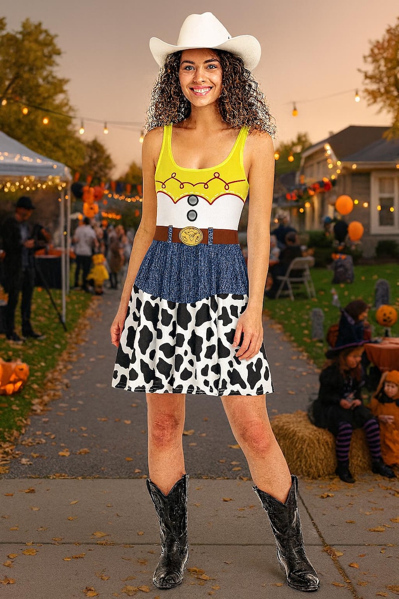 Jessie Costume Cowgirl Western Dress Toy Story Halloween Cosplay Skater or Fitted Bodycon Tank Mini Woman's Square dancing Dress Up Outfit image 6