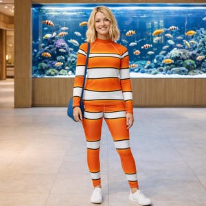 Clownfish Costume | Cosplay Nemo Fish Orange white Stripes Running Dance | Plus Size Costume | Shorts Leggings Capris Long Sleeve T-Shirt