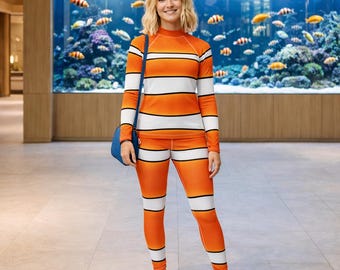 Clownfish Costume | Cosplay Nemo Fish Orange white Stripes Running Dance | Plus Size Costume | Shorts Leggings Capris Long Sleeve T-Shirt