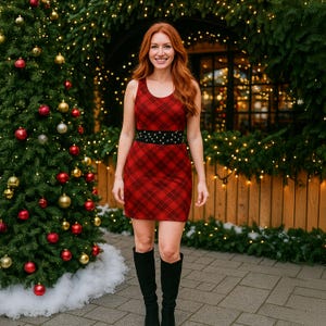 May include: A woman wearing a red plaid dress with a black polka dot belt and black knee-high boots. A decorated Christmas tree is on the left, and a wooden fence with lights is in the background.