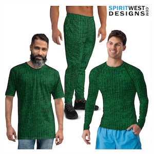 May include: Green alligator skin pattern t-shirt, long-sleeve shirt, and joggers. The t-shirt has short sleeves, the long-sleeve shirt has a crew neck, and the joggers have a drawstring waist. The clothing is made of a soft, comfortable material.