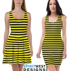 Bumblebee Costume Dress Skater Bodycon Fitted tank Honey Bee Cosplay Halloween Beekeeper Hornet Wasp Insect Yellow Black Striped Gardener