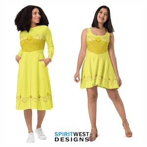 Princess Costume Belle Dress Beauty Beast Skater Flare Long Sleeve Pocket Midi Dress Running Dance Halloween Cosplay Plus Size Theme Park