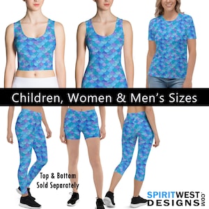 May include: A set of leggings, shorts, and a tank top with a blue and purple mermaid scale pattern. The text "Top & Bottom Sold Separately" is on the image. The text "Children, Women & Men's Sizes" is also on the image.