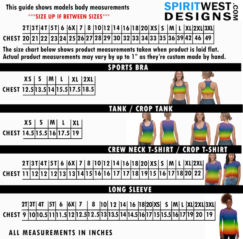 May include: Size chart for sports bras, tank tops, t-shirts, and long-sleeve shirts. The chart shows chest measurements in inches for sizes 2T, 3T, 4T, 5T, 6, 6X, 7, 8, 10, 12, 14, 16, 18, 20, XS, S, M, L, XL, 2XL, and 3XL.