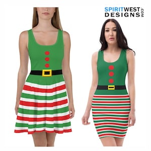 Christmas Elf Costume | Holiday Skater Dress Fitted Bodycon Dress | Party Cosplay Christmas Costume Plus Size Dance Rave Festival Costume