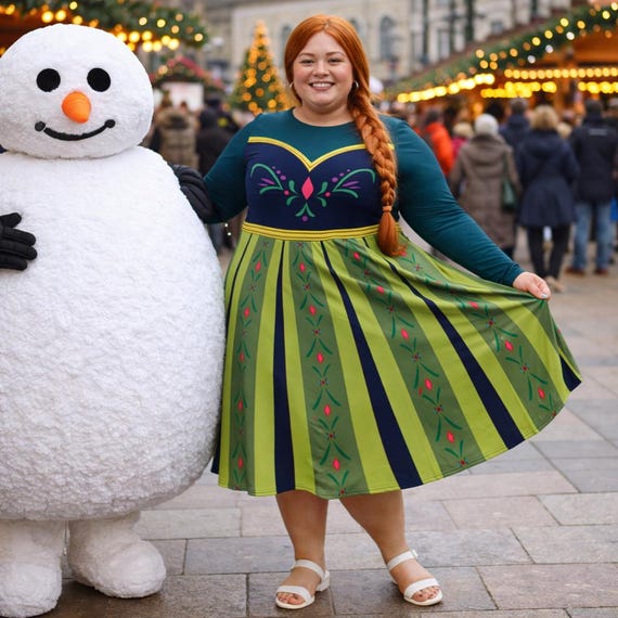 Anna Costume 2XS - 6XL Green Frozen Princess Pocket Dress Long Sleeve Dance Party Plus Size Halloween Cosplay Bounding Cartoon Movie