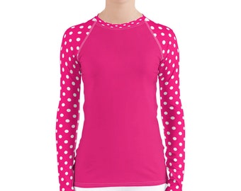 Pink Polka Dot Rash Guard, Swimming Shirt, Running Top UV Protective UPF Protection Martial Arts Gear Long Sleeve Stretchy Beach Swim Tee