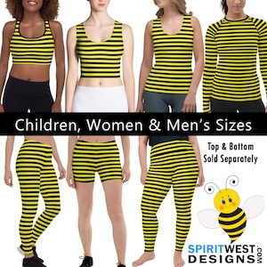 Op de afbeelding: Een set met zwart-gele gestreepte kledingstukken, waaronder een tanktop, een shirt met lange mouwen, leggings, shorts en een sportbeha. De kleding is verkrijgbaar in kinder-, dames- en herengroottes. De tekst "Top & Bottom Sold Separately" is zichtbaar op de afbeelding. Een cartoon-bij met een glimlachend gezicht is ook zichtbaar op de afbeelding.