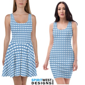 Blue Printed Gingham Pattern Skater Dress or Fitted Dress | Dorothy Cosplay Halloween Costume Woman&#39;s Bodycon or Teen Dress up Dance Outfit