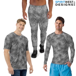 May include: Three different clothing items with a gray and white fur print. A long-sleeved shirt, a short-sleeved t-shirt, and a pair of sweatpants.