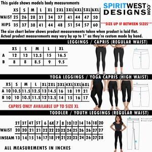 May include: Size chart for leggings and capris with measurements in inches for waist and hips. The chart includes sizes XS to 6XL for both regular and high waist styles.  The chart also includes toddler and youth sizes for leggings with measurements in inches for waist and inseam.