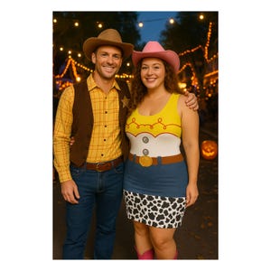May include: A couple dressed in cowboy and cowgirl costumes. The man wears a brown cowboy hat, yellow plaid shirt, brown vest, and jeans. The woman wears a pink cowboy hat, a yellow and white top, a denim skirt with a cow print, and pink boots. The background has string lights and a pumpkin.