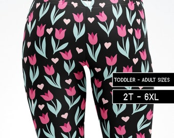 Spring Tulip Flower Leggings Capris Yoga Pants Shorts, Kids Adult Plus Size Mommy and Me Matching Dance Pants Cosplay Costume 5112