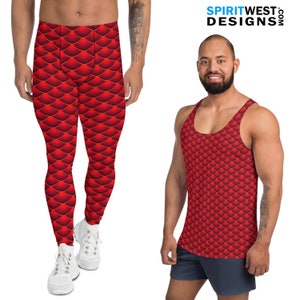Red Dragon Costume | Men&#39;s Athletic Reptile Mushu Lizard Scales Cosplay MMA RunDisney Running Tank | Jogging Shorts Leggings Meggings