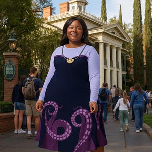 May include: A navy blue dress with long light purple sleeves and a purple octopus tentacle design. The dress features a gold pendant necklace and is worn with yellow sandals. The background includes a building and people.