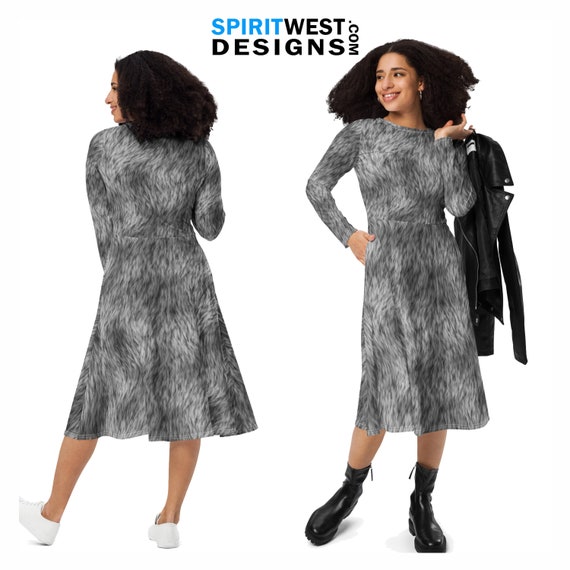 grey furry dress Fur Print Costume Wolf Cat Dog Skater Fitted Bodycon Dress Long Sleeve Pocket Dress Cosplay Halloween Plus Size Dance Gift Full Price (2026)