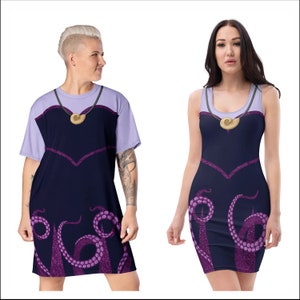 Ursula Costume Fitted Bodycon Tank Dress Sea Which Villain Long T-Shirt Dance Purple Octopus Halloween Cosplay Plus Size Theme Park Bounding