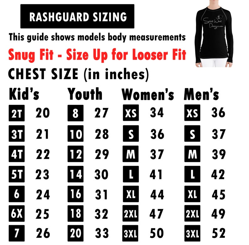 May include: A chart showing rashguard sizing in inches for kids, youth, women, and men. The chart includes sizes from 2T to 7, 8 to 20, XS to 3XL, and XS to 3XL, respectively. The chart also includes the corresponding chest measurements for each size.