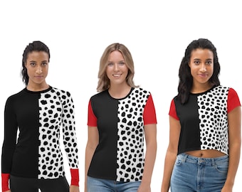 Cruella Deville Costume 101 Dalmatians De Vil Villain Cosplay Halloween Costume Dance | Long Sleeve Crop T-Shirt Leggings Plus Size Swim UV