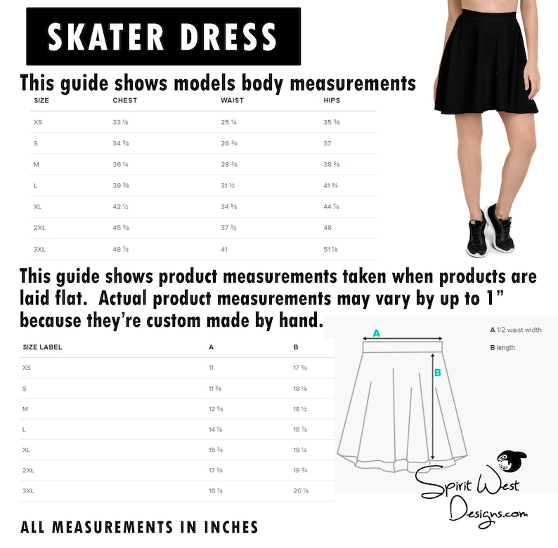 May include: Size chart for a skater dress with measurements in inches for both the model's body and the product itself. The chart includes sizes XS to 3XL, with measurements for chest, waist, hips, and dress length.