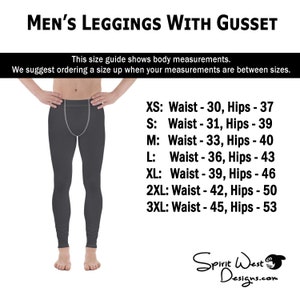 Op de afbeelding: Een maattabel voor heren leggings met een kruis. De tabel toont de taille- en heupmaten in inches voor maten XS tot 3XL. De afbeelding toont ook een model dat de leggings draagt.