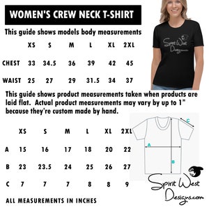 May include: A size chart for women's crew neck t-shirts. The chart shows measurements for the chest, waist, and different sizes, including XS, S, M, L, XL, and 2XL. The chart also includes measurements for the length, width, and sleeve length of the t-shirt.