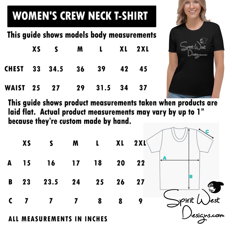 May include: A size chart for women's crew neck t-shirts. The chart shows measurements for the chest, waist, and different sizes, including XS, S, M, L, XL, and 2XL. The chart also includes measurements for the length, width, and sleeve length of the t-shirt.