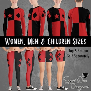 May include: Red and black long-sleeved shirt and leggings with a diamond pattern and a star. The text "WOMEN, MEN & CHILDREN SIZES" and "Top & Bottom Sold Separately" is displayed above the image. The text "Spirit West Designs.com" is displayed below the image.