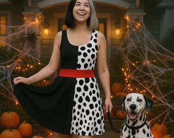 Cruella Deville Costume Evil Queen Skater Dress Half Black Dalmatian Villain Witch Cosplay Bodycon Halloween Bounding Dress Up Outfit Spots