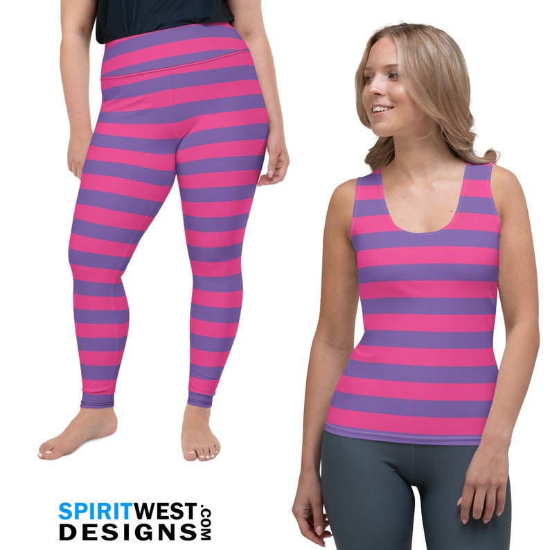May include: A pink and purple striped tank top and leggings set. The tank top has a scoop neck and the leggings are high waisted.