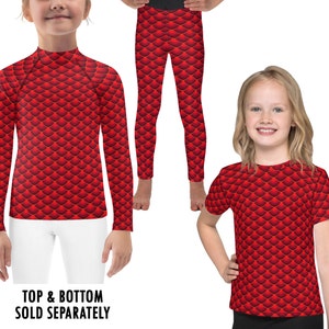 Red Dragon Costume Fire Reptile Lizard Scales Kids Activewear Halloween Cosplay Gymnastics Dance Long Sleeve Swimming Swim T-Shirt Leggings